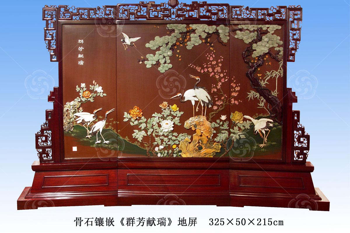 骨石鑲嵌“群芳獻瑞”（紅）地屏